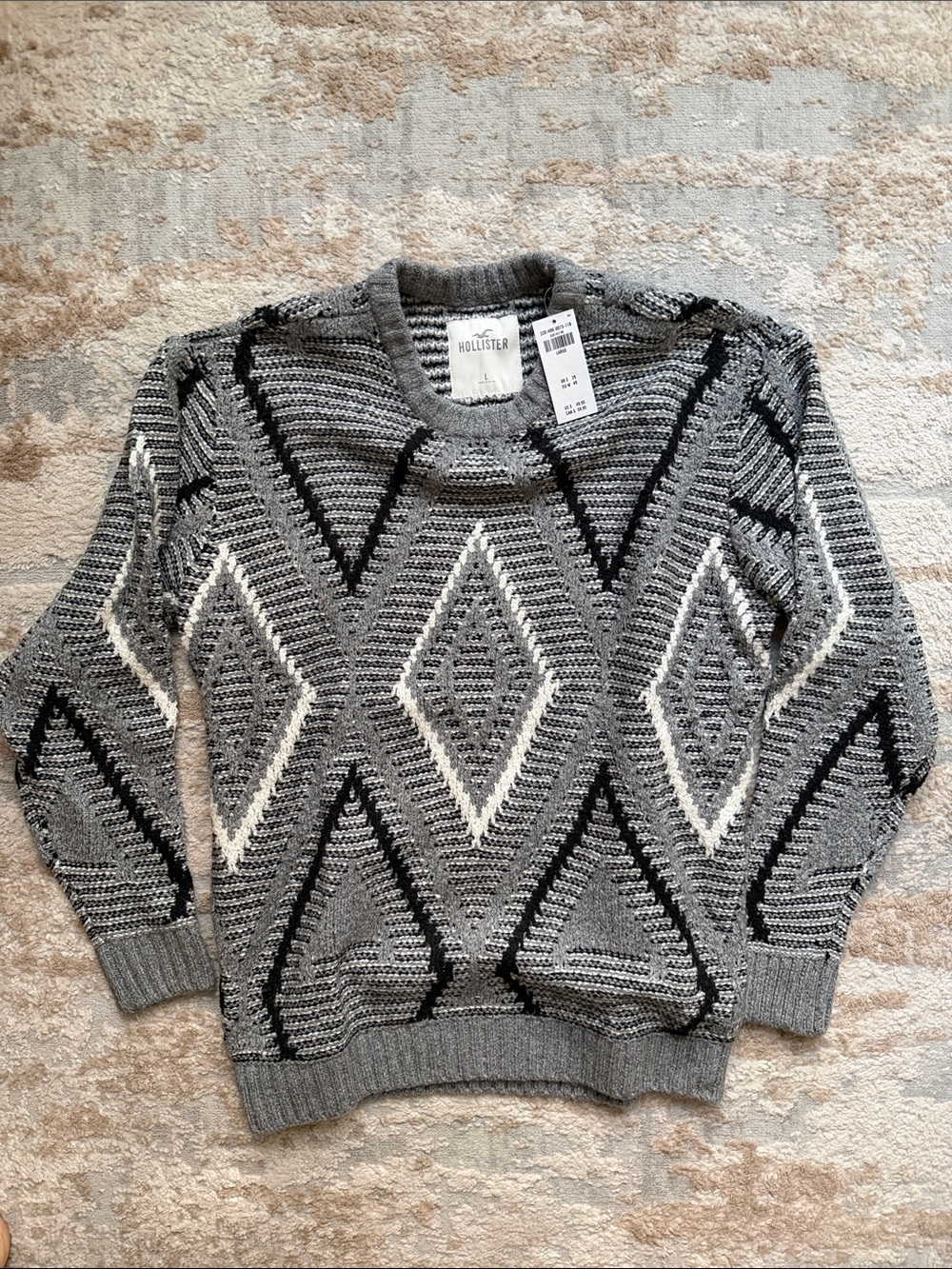 Hollister Men's Gray Knit Crewneck Sweater with Black & Cream Diamond Pattern